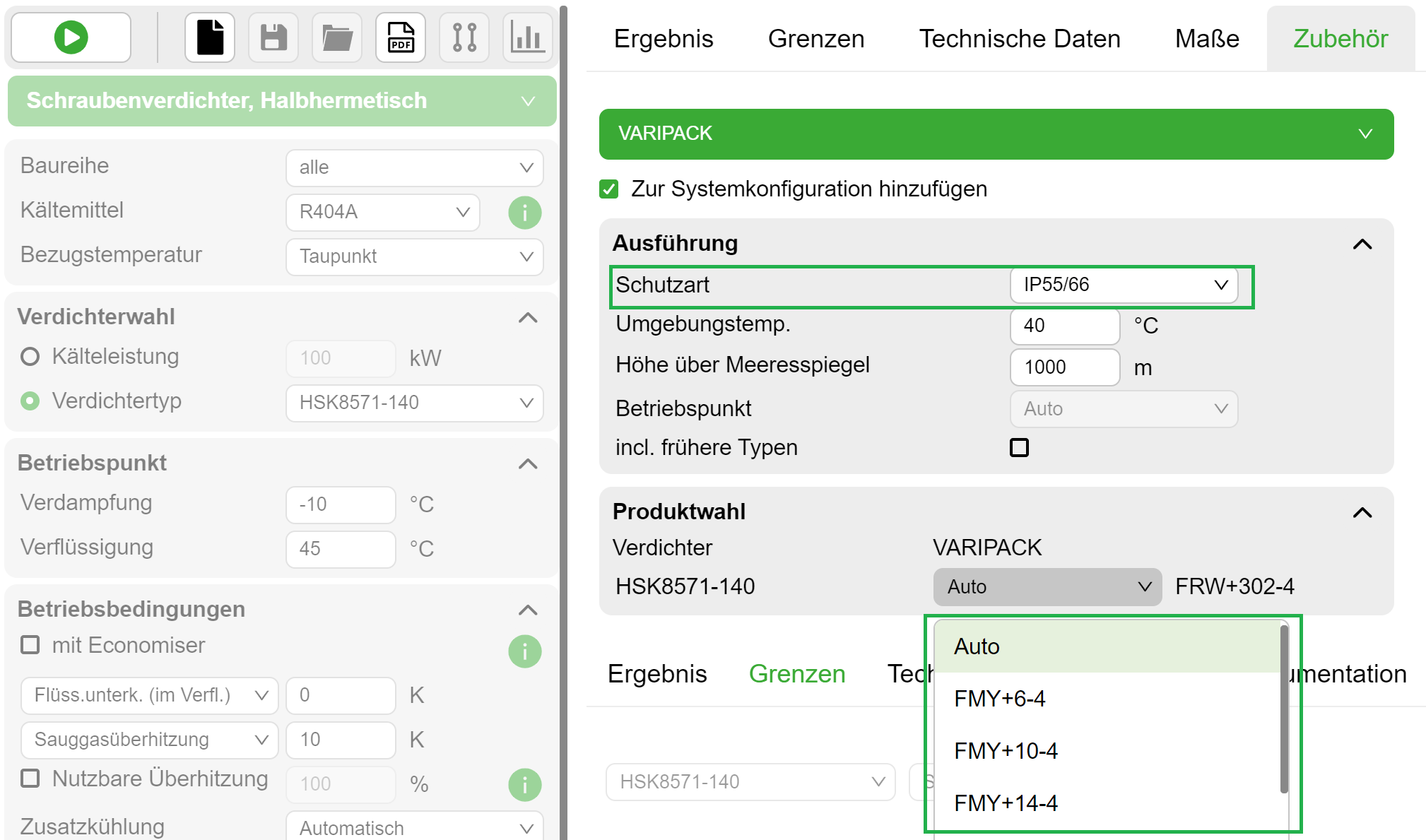 Menü zur Wahl des Varipack Frequenzumrichters im Zubehörmodul der Bitzer Software.