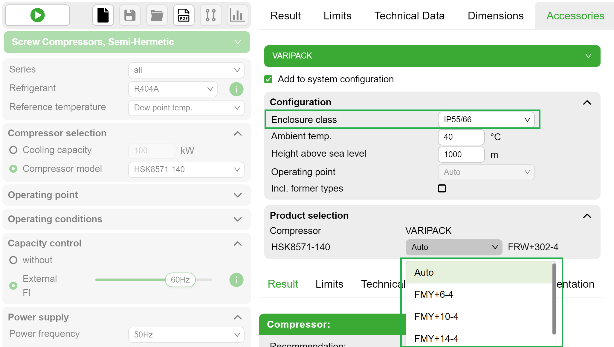 Menu for choosing the Varipack frequency inverter in the accessories module of the Bitzer software