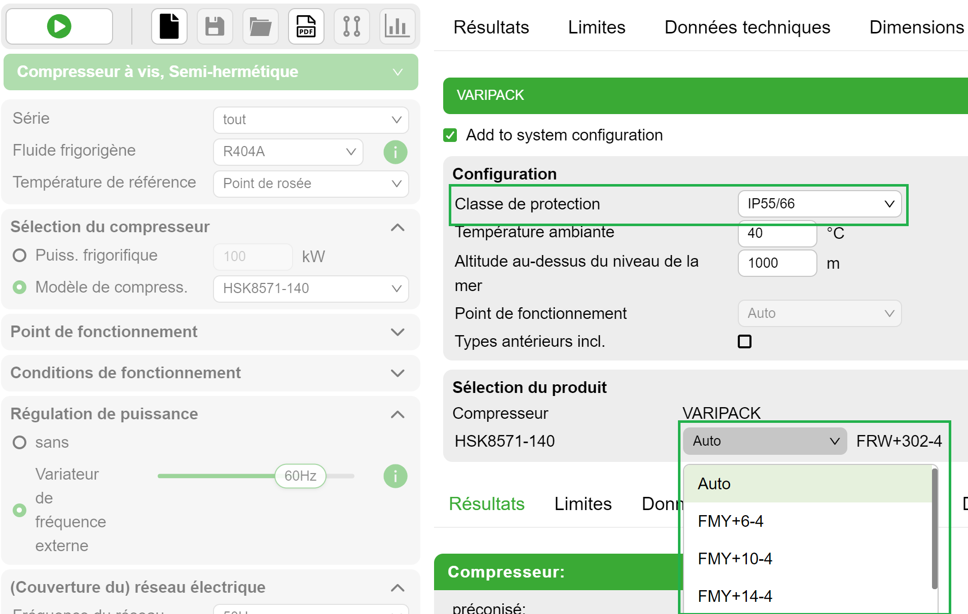 Menu pour la sélection du convertisseur de fréquences Varipack dans le module supplémentaire de Bitzer Software.