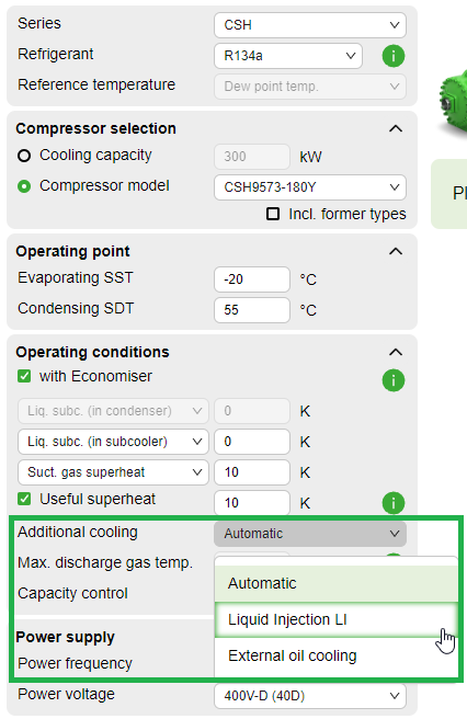 Select liquid injection in the BITZER SOFTWARE.