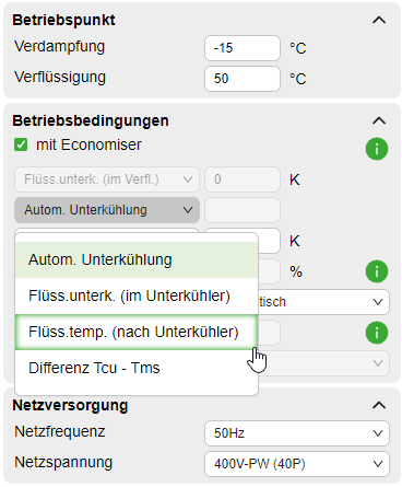 Wahloptionen für die Höhe der Flüssigkeitsunterkühlung oder Temperaturdifferenz in der Bitzer Software