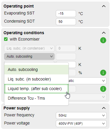 Selection options for the level of liquid subcooling or temperature difference in the Bitzer Software