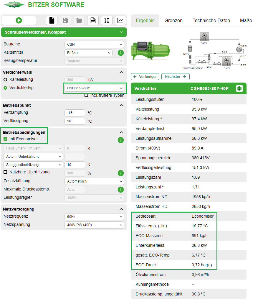 Leistungsdaten für Schraubenverdichter (Beispiel CSH85) im ECO-Betrieb in der BITZER SOFTWARE
