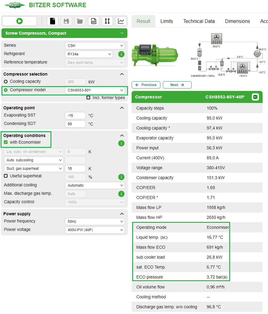 Performance data for screw compressors (example CSH85) in ECO operation in the BITZER SOFTWARE