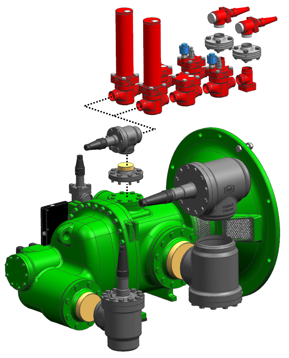 OS.A105: ECO-Anschluss mit Dämpfersystem in zweifacher Ausführung (Details: Pulsationsdämpfer in der ECO-Sauggasleitung)