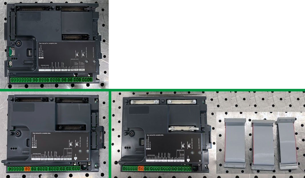 Top: Old control board Bottom left: New control board with black connectors for the ribbon cablesBottom right: New control board with grey connectors for the ribbon cables and new ribbon cables