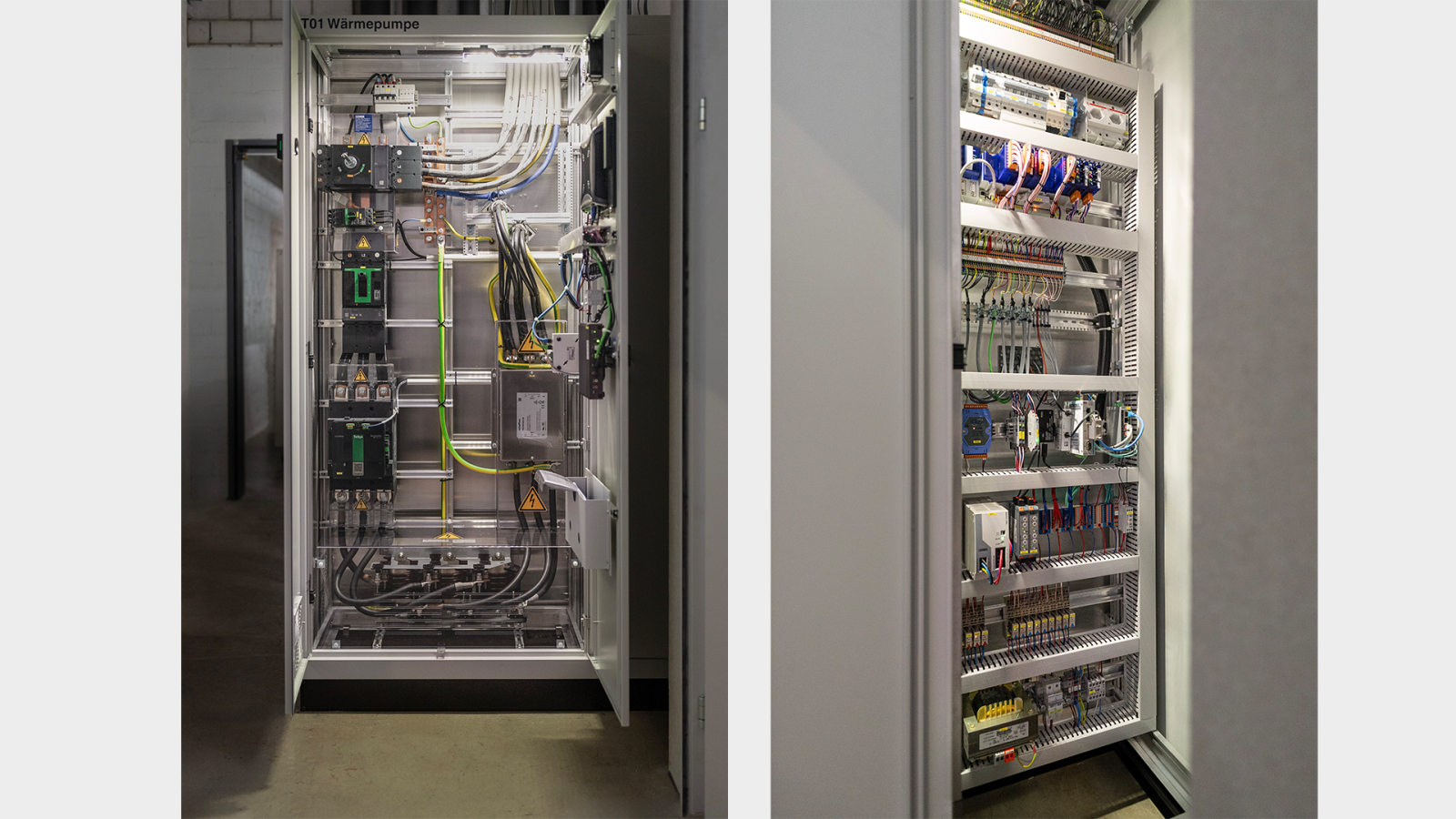 A look inside the heat pump’s switch cabinet. Left: load unit, right: control unit with gateway to the BDN