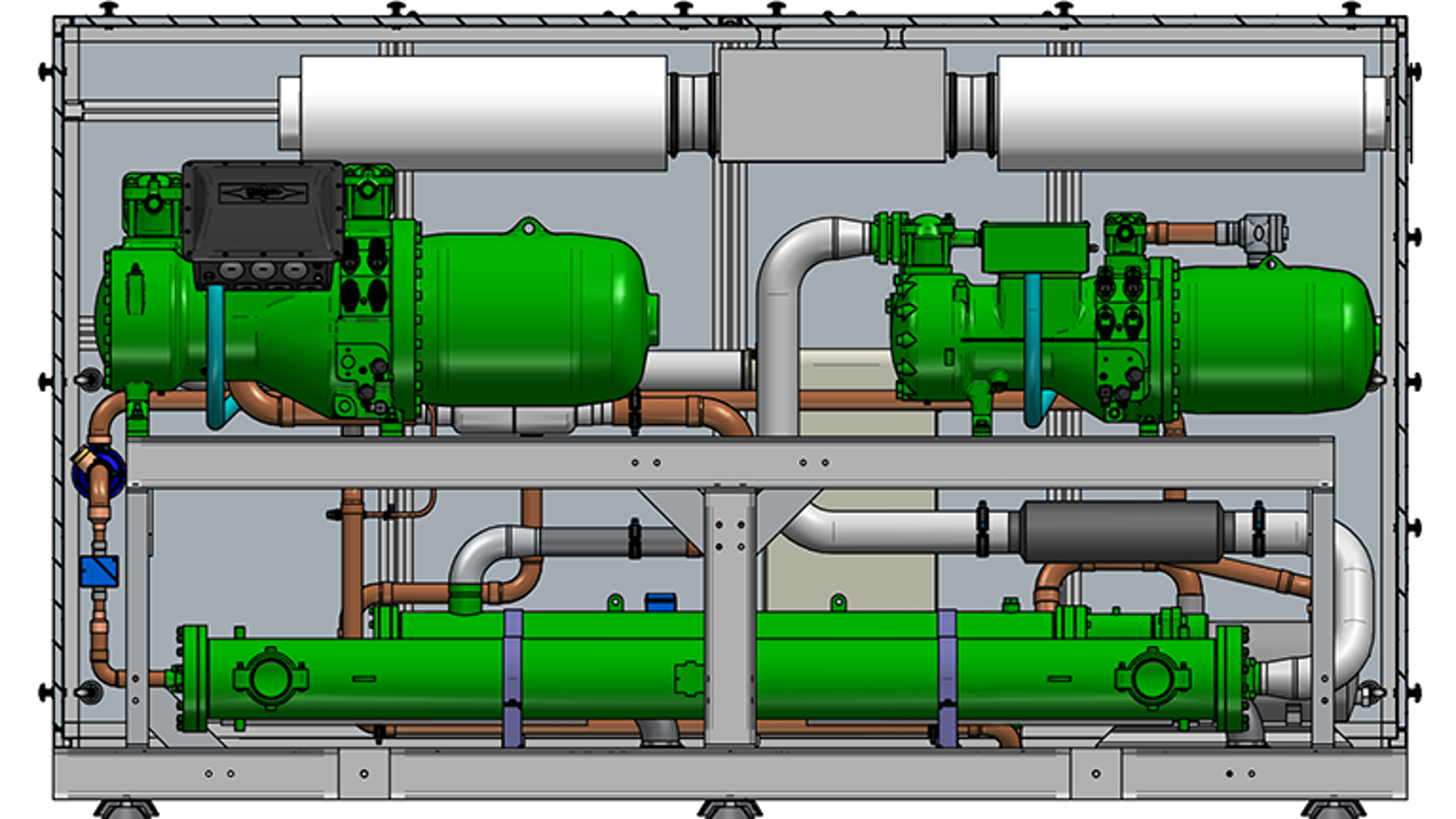 Cross-section of a high-temperature heat pump with semi-hermetic compact screw compressors in a cascade design, as well as shell and tube evaporator and condenser from BITZER Image source: Smardt OPK Chillers GmbH